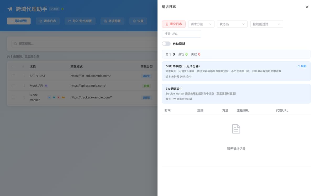 请求日志抽屉：方法、状态、耗时与命中统计
