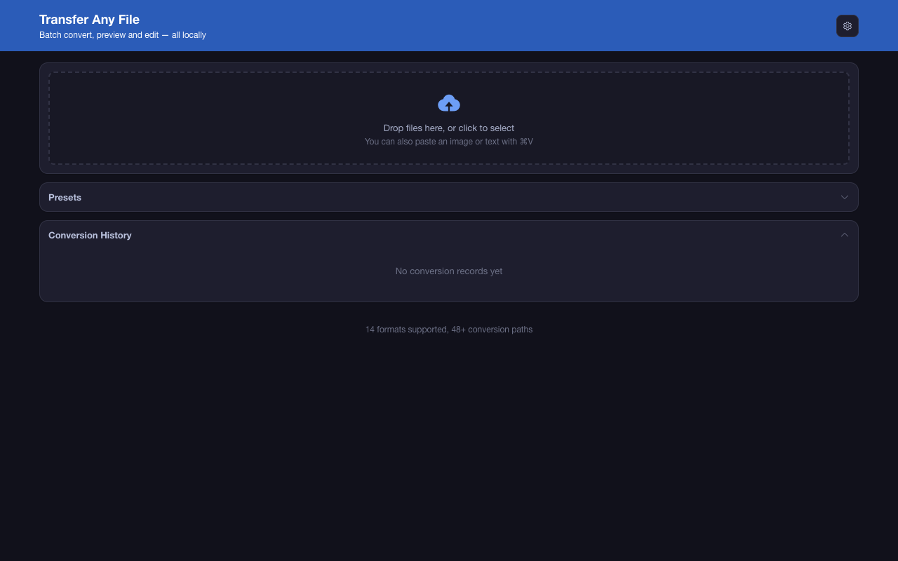 The workbench in dark mode, showing the drop zone and history card on a dark background.