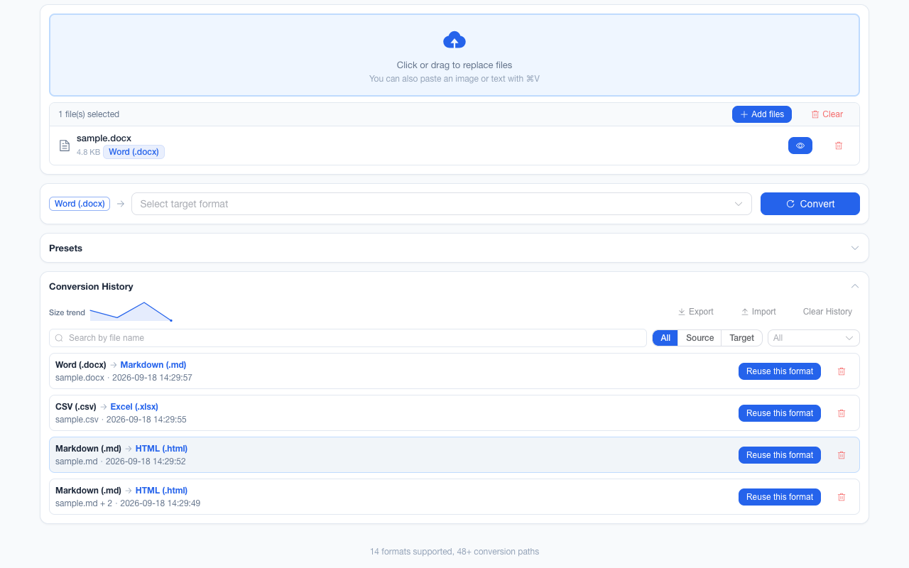 Conversion history panel showing records with source and target format badges, file names, sizes, a search field, All / Source / Target filters and a Reuse this format button.